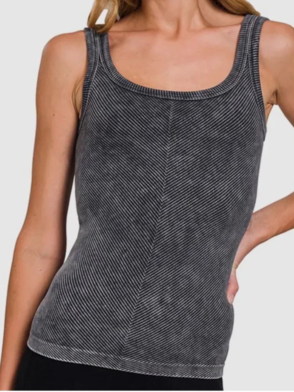 Zenana Outfitters Black Ribbed Tank with Subtle Stripes
